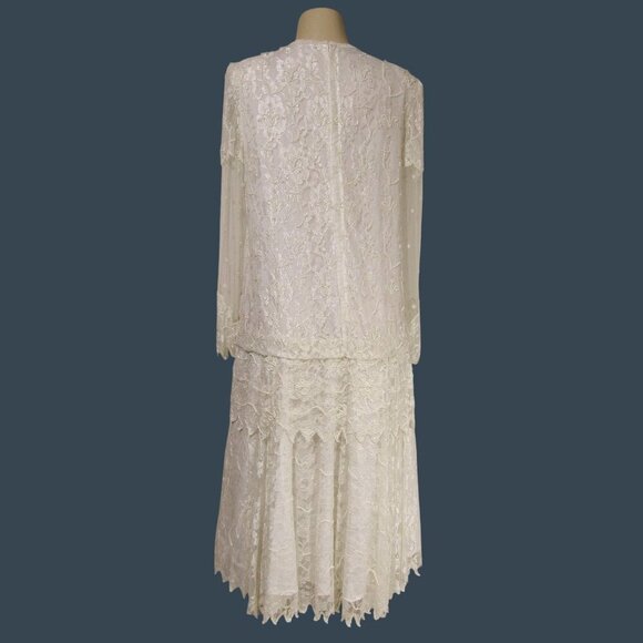 VTG SCALA M Lace Beaded Romantic Wedding Flapper Drop Waist Midi Maxi Dress - Picture 8 of 15